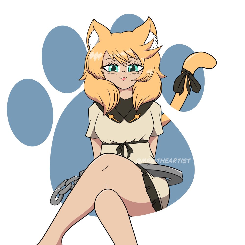 Bridget from Guilty Gear Strive looking smug with cat ears and a tail. She's sitting in a cat paw with a blue & white background.