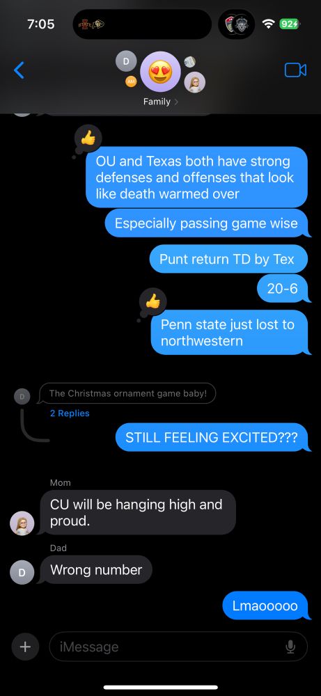 Screenshot of text messages in the gingers family gc reading: mom- cu will be hanging high and proud dad- wrong number