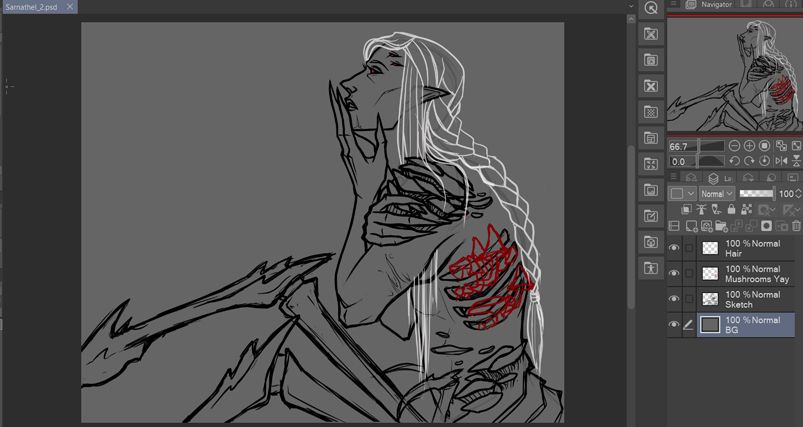 Sketch of a Drider from Dungeons and Dragons with mushrooms coming out of his body.