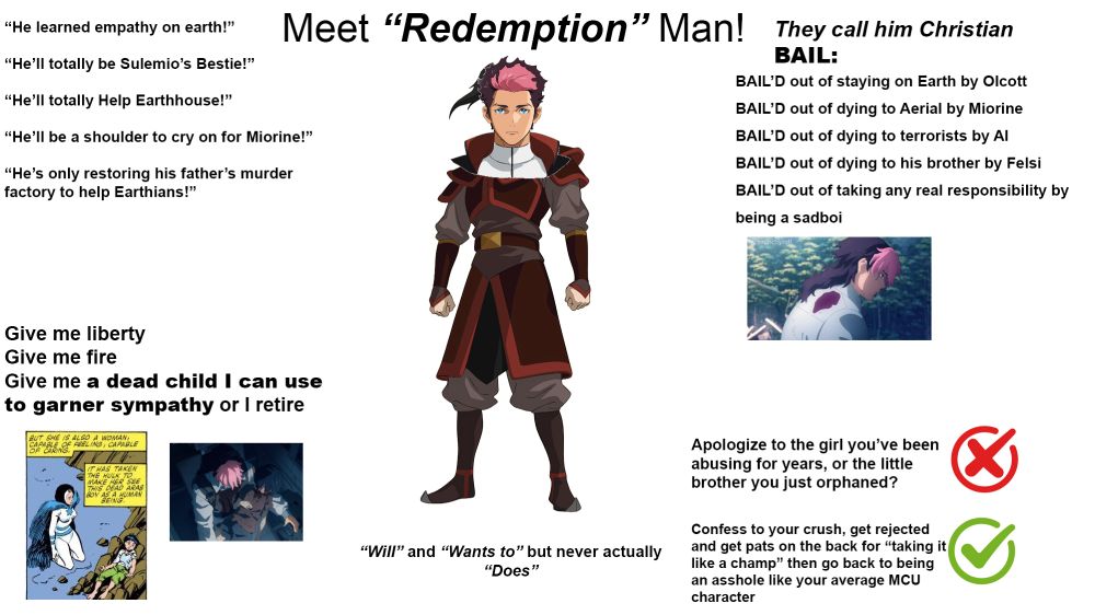 GWitch 

Meet Redemption Man

Guel Jeturk's head super imposed on Prince Zuko's body

“He learned empathy on earth!”

“He’ll totally be Sulemio’s Bestie!”

“He’ll totally Help Earthhouse!”

“He’ll be a shoulder to cry on for Miorine!”

“He’s only restoring his father’s murder factory to help Earthians!”

Give me liberty
Give me fire
Give me a dead child I can use to garner sympathy or I retire

They call him Christian BAIL:
BAIL’D out of staying on Earth by Olcott
BAIL’D out of dying to Aerial by Miorine
BAIL’D out of dying to terrorists by AI
BAIL’D out of dying to his brother by Felsi
BAIL’D out of taking any real responsibility by being a sadboi

Apologize to the girl you’ve been abusing for years, or the little brother you just orphaned? X mark

Confess to your crush, get rejected and get pats on the back for “taking it like a champ” then go back to being an asshole like your average MCU character Check Mark