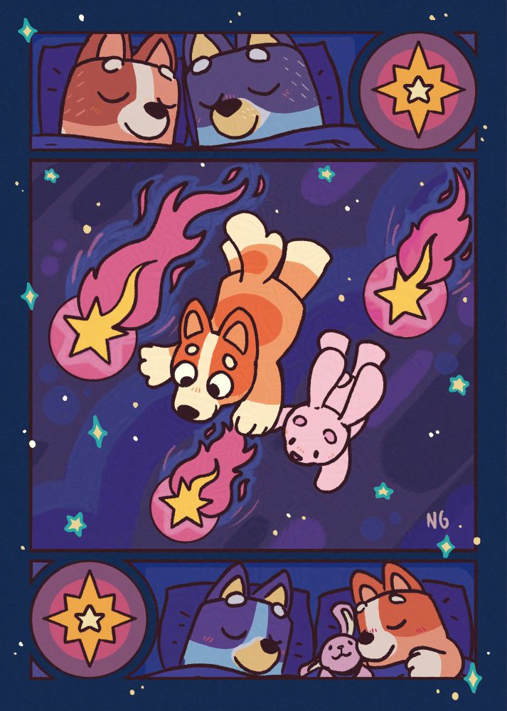 Illustration based on the show Bluey. It shows Bingo with her bunny floating through the stars. At the top Chilli and Bandit are sleeping and at the bottom Bingo and Bluey are asleep.