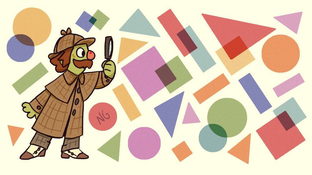 Illustration of Sherlock Hemlock from Sesame Street. He's looking through his magnifying glass, behind him are various geometric shapes of different colours