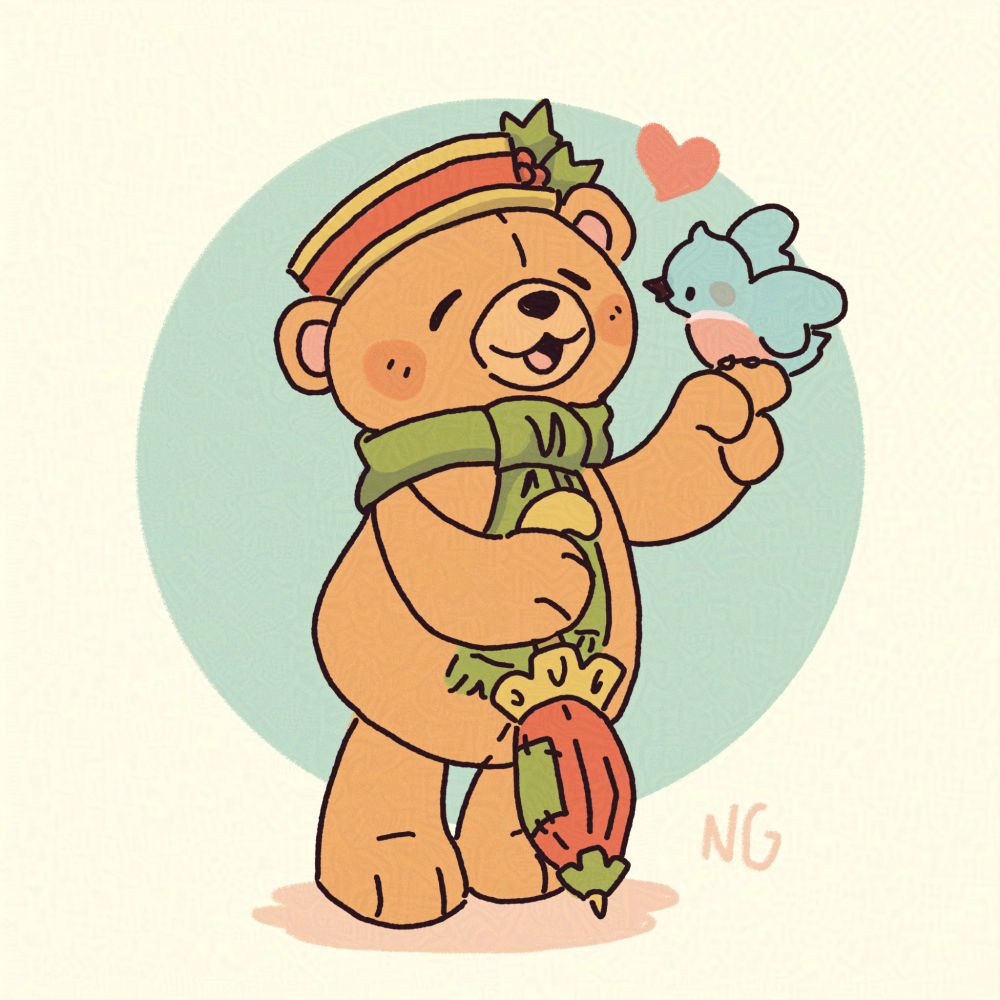 Illustration of a teddy bear wearing a yellow and red hat and a green scarf. In one hand he holds an umbrella and in the other there's a blue bird resting 