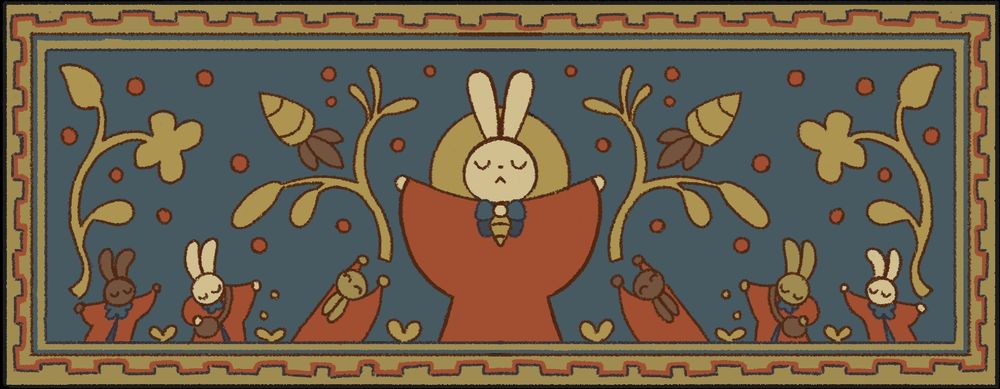 Illustration based on tapestry design. There's a big rabbit in the center with its arms open. Coming out of them are golden branches, below are little bunnies doing harvest activities 