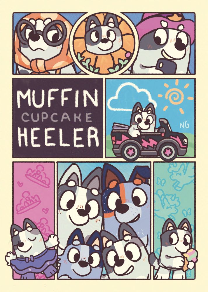 An illustration based on the show Bluey. It shows Muffin Heeler in different outfits and activities. At the center of the image there's a black square that reads 'Muffin Cupcake Heeler'. At the bottom there's an illustration of Muffin with her family. 