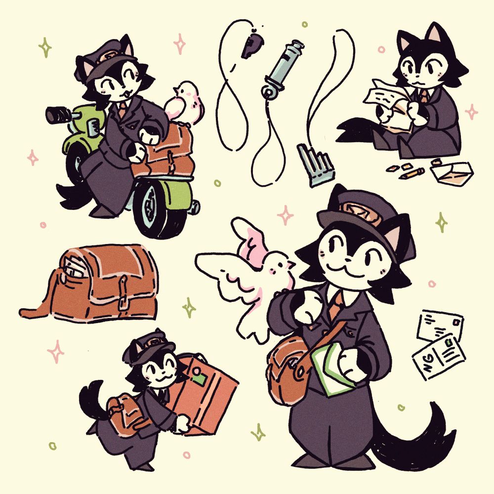 Character sheet of a black and white cat wearing a historical postman uniform. Next to him is a white dove with pink shadows 