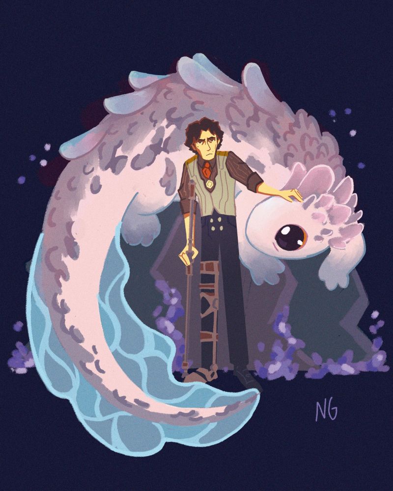 Illustration of Viktor from Arcane. He's standing in the middle of the image. Behind him is Rio, a giant creature resembling an axolotl. Viktor is petting her head.