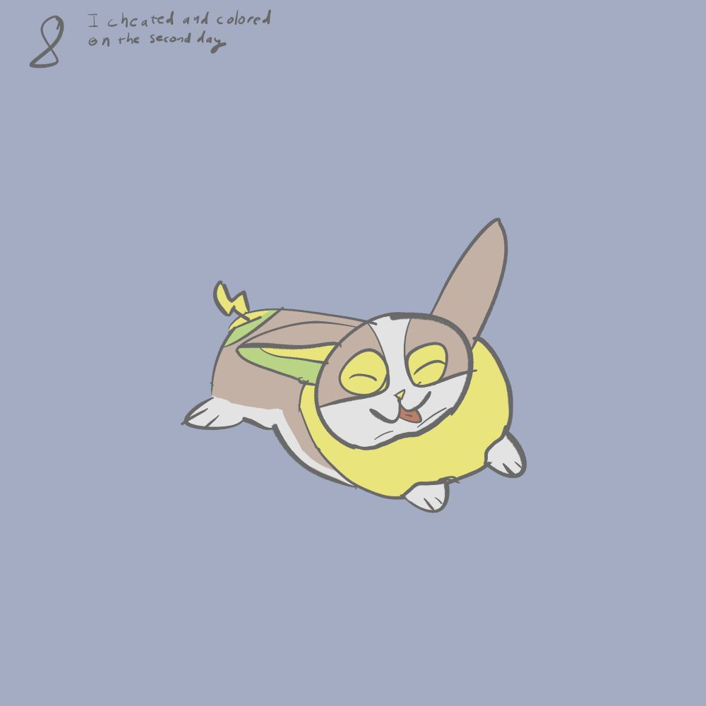 Rough doodle of a yamper taking a nap, with his legs out and his face smushed against his chest fur. 

At the top left there’s a note: “[day] 8 - I cheated and colored on the second day”. I’ve been trying to keep these to about 10 minutes each day, but I liked this one so I spent some more time coloring and cleaning it up slightly