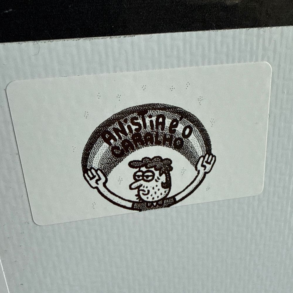 Adesivo preto e branco com uma imagem de uma tirinha de um cara de braços abertos pra cima com um arco-íris escrito anistia é o caralho