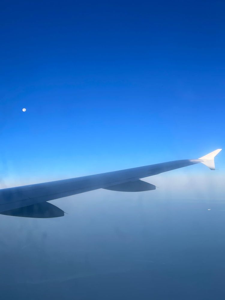 Flugzeugflügel vor Himmel in verschiedenen Blauabstufungen