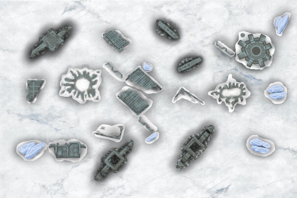 A top down image of a snowfield battle map, drawn using GIMP software, to be used in my next battle report.