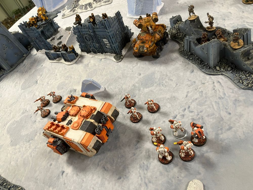 The Dwarves and Jackals alliance ambush a convoy of Battle Brothers (Note: this photo was just for cinematic purposes, and is not from the actual battle game that was played on the tabletop)