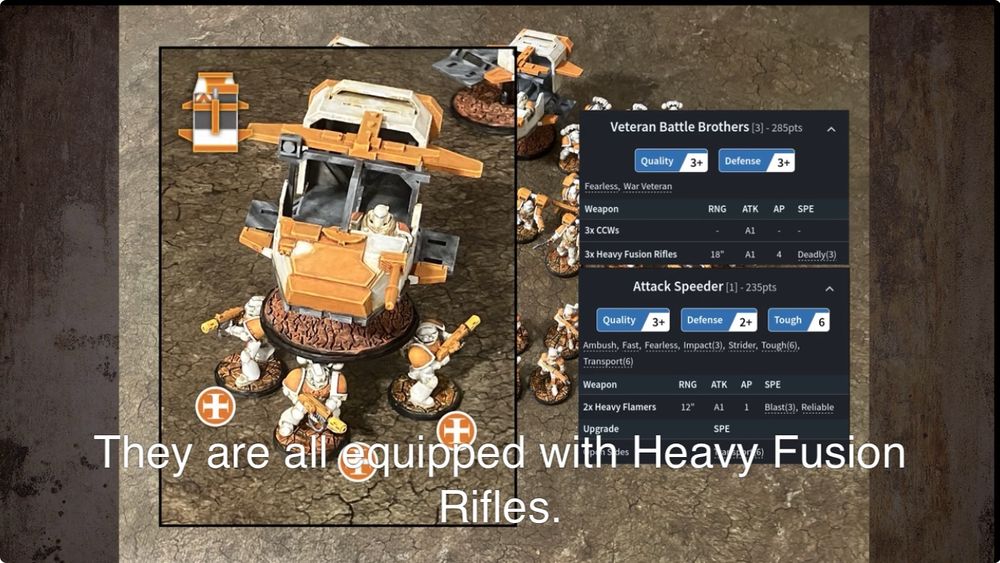 A screenshot from my latest battle report, during the army list chapter where I explain the units in the army.

The gag here is that the Attack Speeder transport model is standing with base sitting on top of the backpacks of the Veteran Brothers, suggesting a role reversal. 
