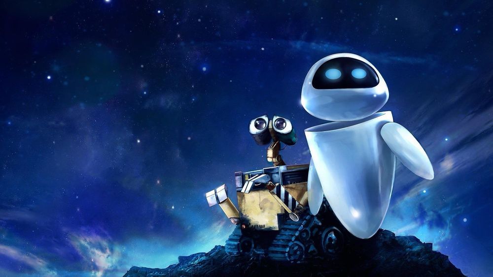 Wall-E and EVE holding hands. 