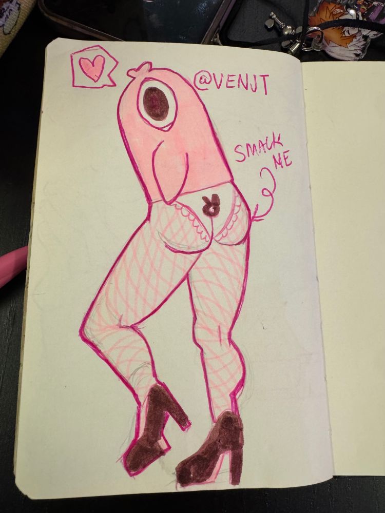 A simple pink fish with human legs is wearing lacy undies, wearing fishnets lol and big black heels 