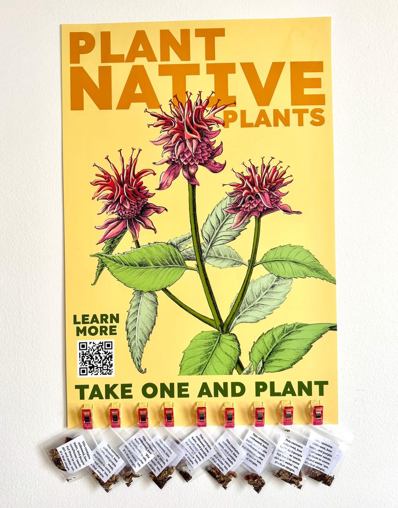 a poster with pink bee balm on it that says plant Native plants, and learn more with a QR code. the bottom says take one and plant with a bunch of clips and the clips all have little dime bags attached and the dime bags say "This contains milkweed, bee balm, and purple coneflower seeds. Put them in some dirt and water 'em. It's that simple"