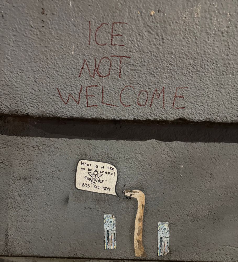 A wheatpaste of a squid which someone drew a cigarette on top of has a speech bubble that says “what is it like to be a snake text snake to 1-833-sci-text and then above that it says ice not welcome 