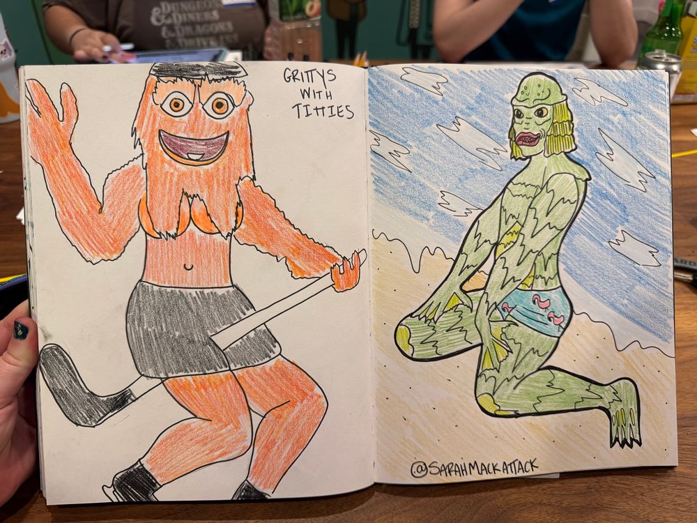 On the left, gritty is riding a hockey stick with big unnaturals, his beard covering the nips mermaid style. On the right gillman is back in his little shorts on his knees on the beach 