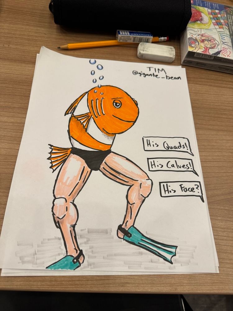 A clownfish has a fuckboy facial expression with human legs wearing flippers