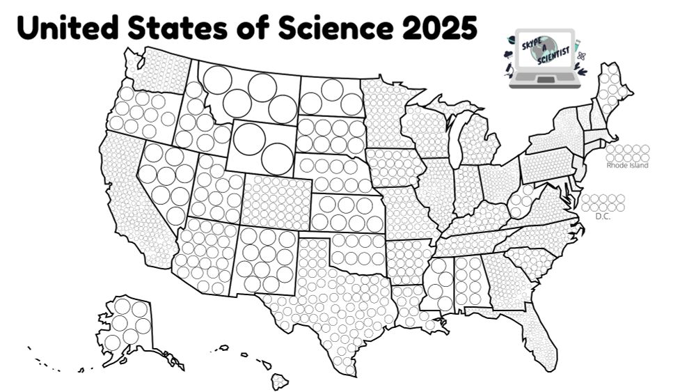 A map of the United states titled "United States of Science 2025" with the skype a scientist logo and 2000 tiny empty circles spread out across the USA. States with low population numbers have fewer than where there are more people. 
