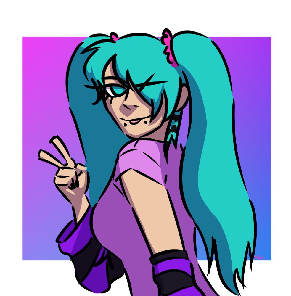 a drawing of a girl, hatsune miku, with long blue pigtails wearing a pink t-shirt and black and purple arm warmers making a piece sign with a pink and blue colorful background behind her