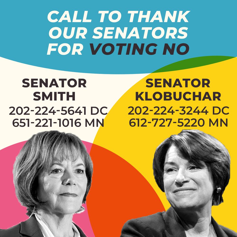Call to thank our senators for voting NO on the CR disaster deal. Senator Smith 202-224-5641 (DC) or 651-221-1016 (MN). Senator Klobuchar 202-224-3244 (DC) or 612-727-5220 (MN).