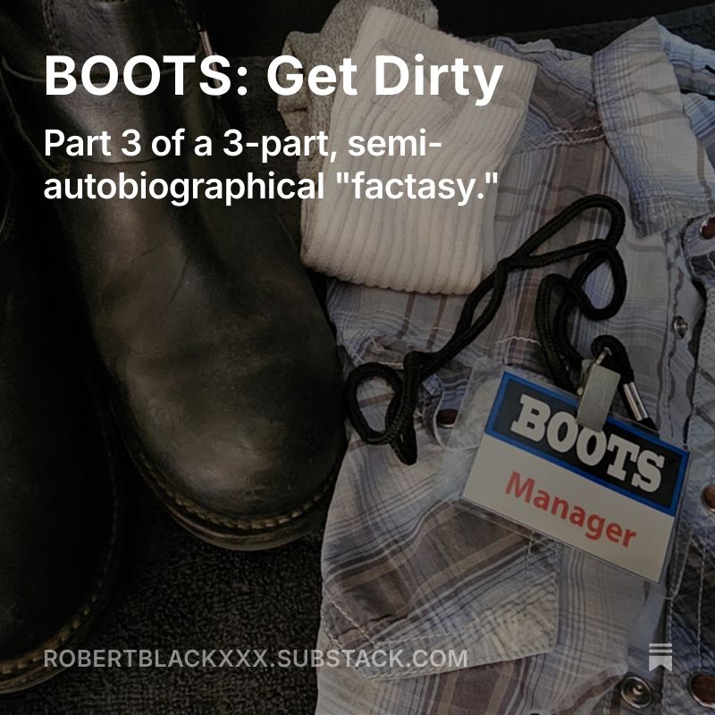 Photo of black boot, white sox, plaid shirt, and a lanyard with ID tag the reads, "BOOTS - Manager."