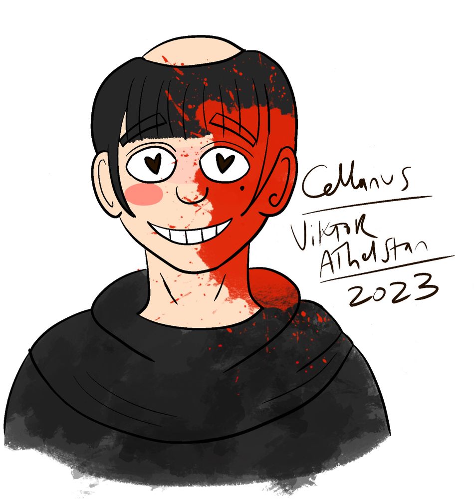 Drawing of a smiling monk with heart eyes covered in a comical amount of blood spatters. 