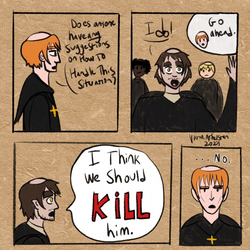 A comic featuring several monks discussing a situation. One monk suggests they kill someone. The abbot says no. 