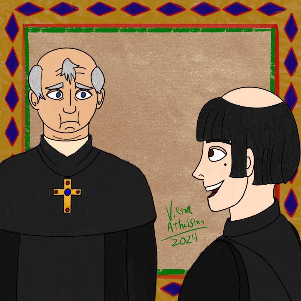 An illustration of an older monk with a gold cross looks mildly concerned at a younger monk who is smiling. 