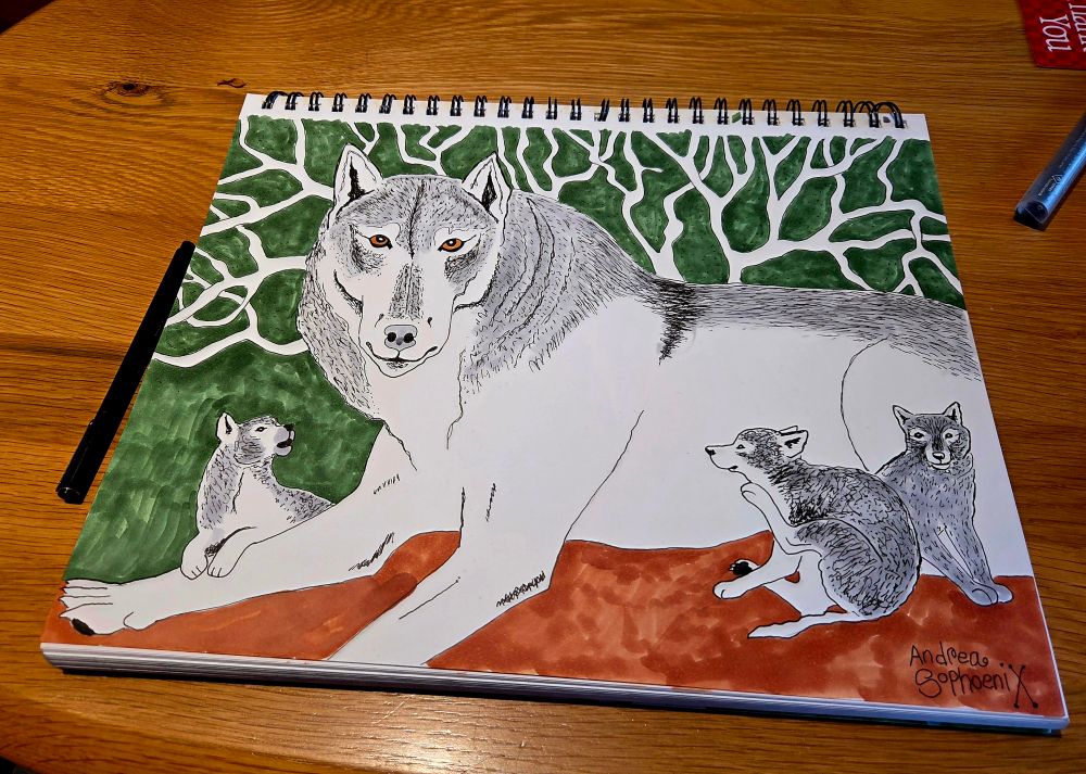 Drawing in pen of a wolf lying down with her wolf cubs. 