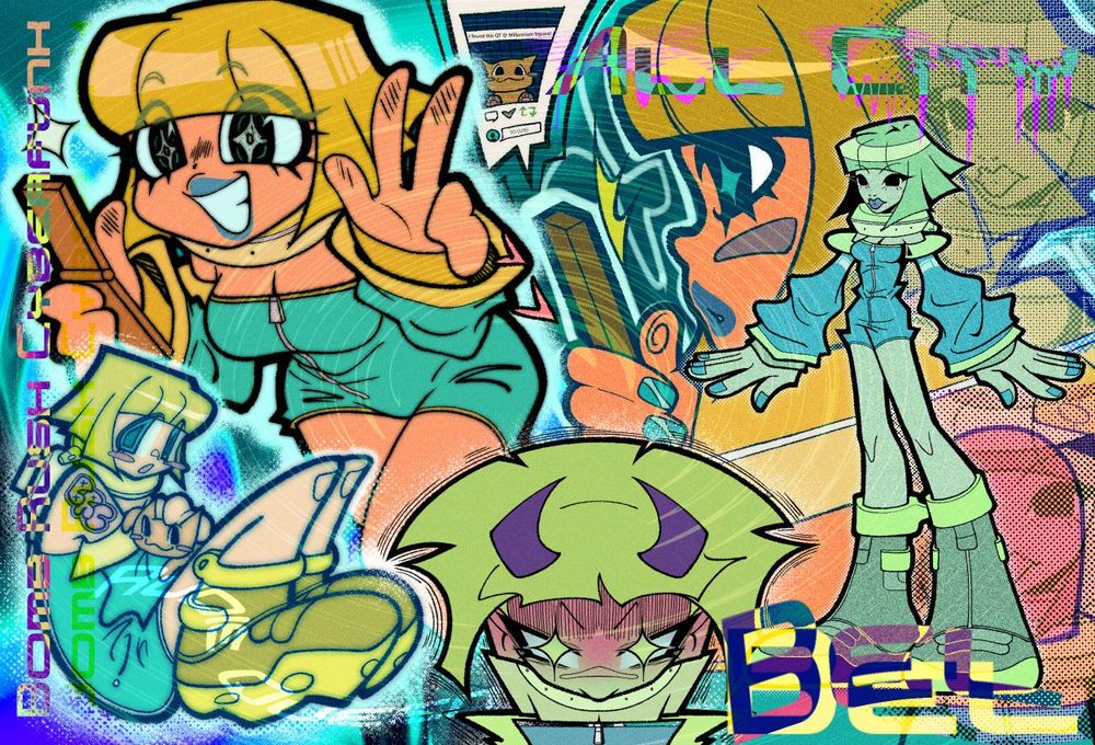 This is a character sheet of Bel from Bomb Rush Cyberfunk ranging from various poses and art styles.