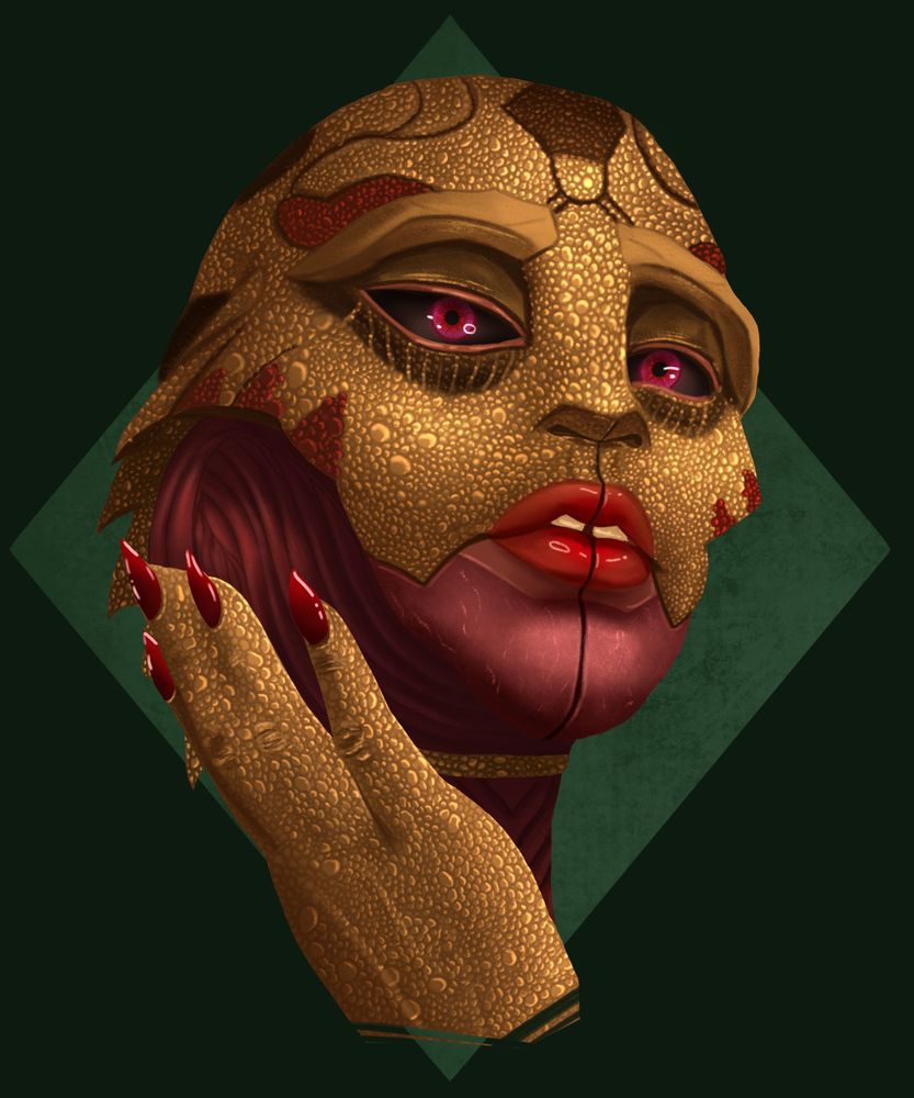 A portrait of an original character who is a drell, a species from the mass effect universe. She has golden shimmering scales.