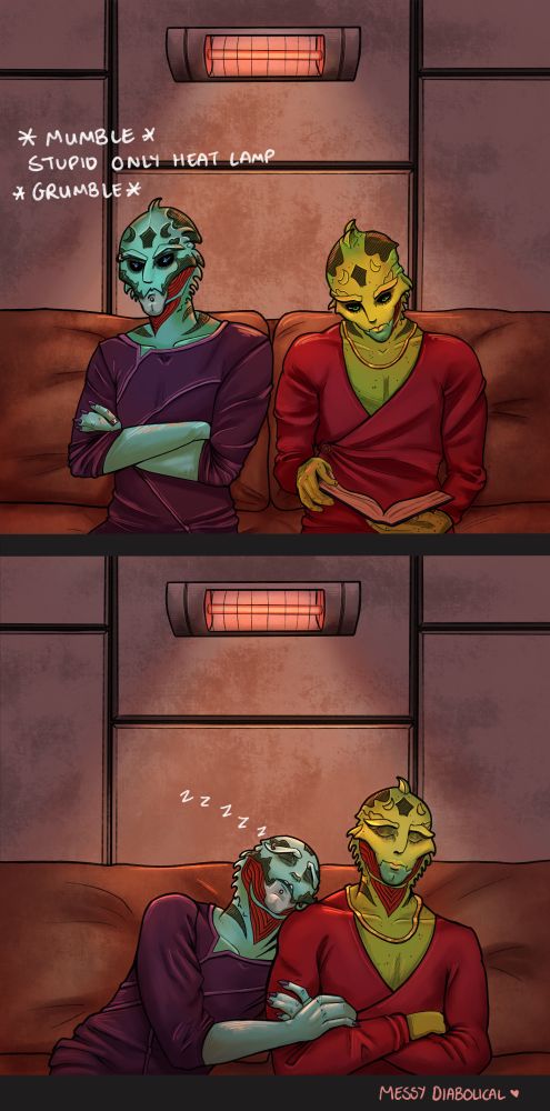 A two panel comic. In the first panel, kolyat krios and thane krios are sat under a heat lamp on a sofa. Thane is calmly reading a book. Kolyat is angled away from him looking grumpy and huffing about there only being one heat lamp.
In the second panel, Kolyat has fallen asleep hard snuggled onto thane's shoulder while gripping his arm. Thane has dropped the book and is lightly dozing with a soft smile. He has moved over so that Kolyat has most of the heat lamp space.