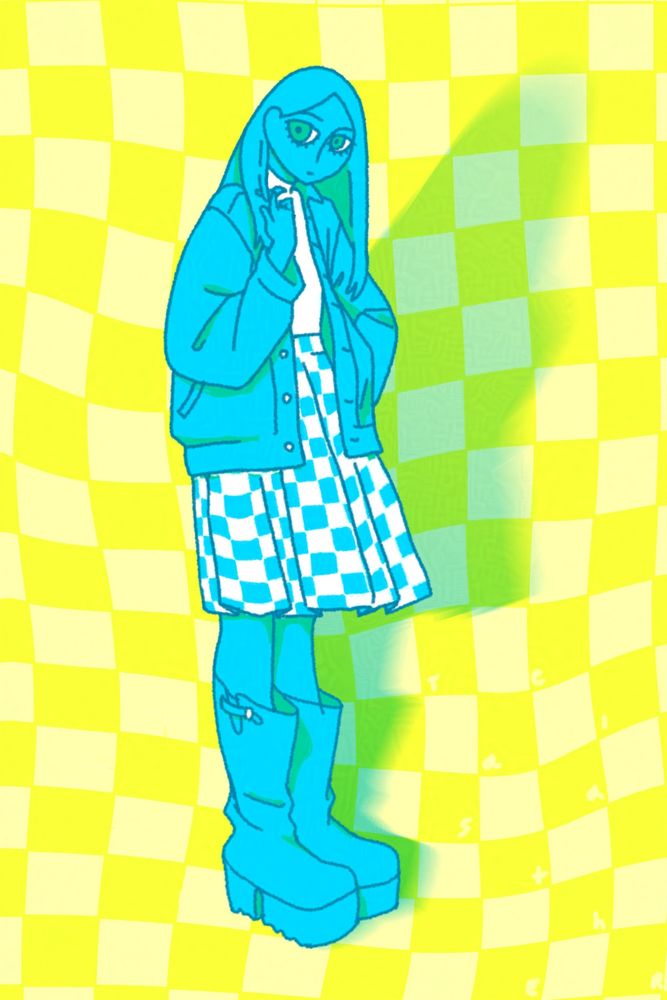 girl with a checkered skirt, a denim jacket, and big boots. She is a light blue color with white accents and green shading. She stands in front of a yellow checkered background with a slanted drop shadow.