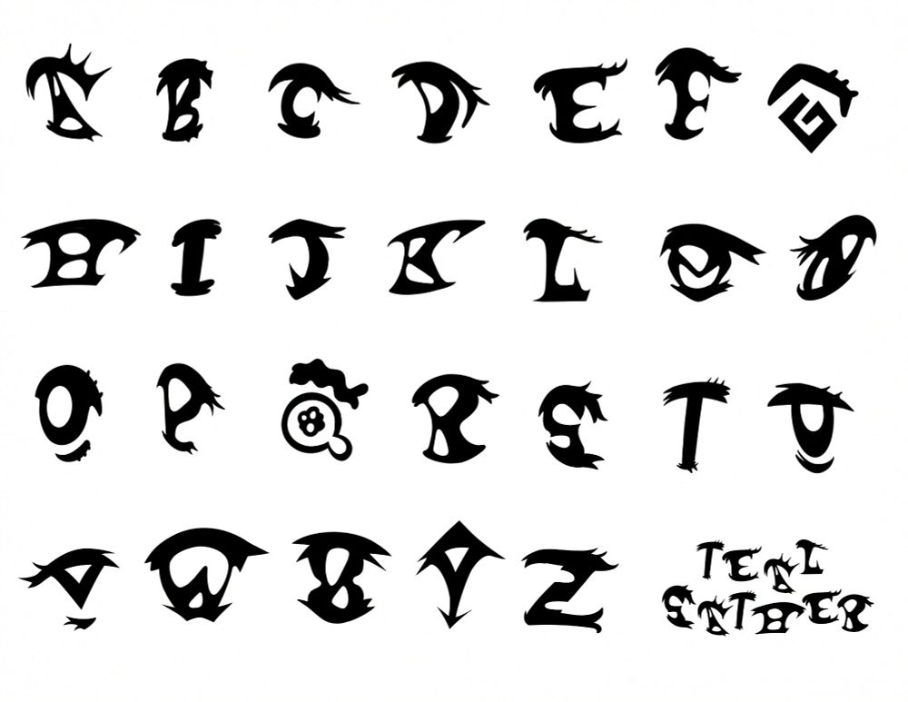 Alphabet consisting of anime eyes. In the corner the eye letters are arranged in the name of the artist Teal Sather