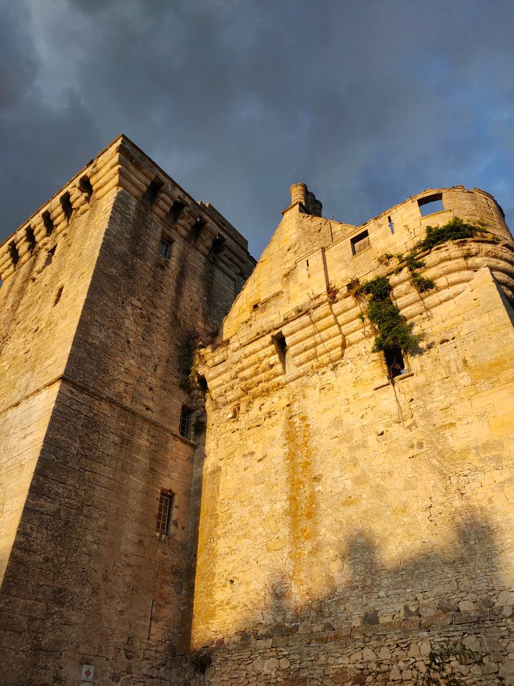 Un donjon en contre-plongée, doré par les dernières lueurs d'un jour moment, déchire le ciel menaçant.