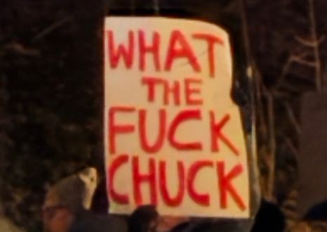 A protest sign outside Chuck Schumer's building: "WHAT THE FUCK CHUCK."

Not that I'm specifically calling out Schumer, but I wouldn't mind it if he could explain to me what, exactly, the fuck.