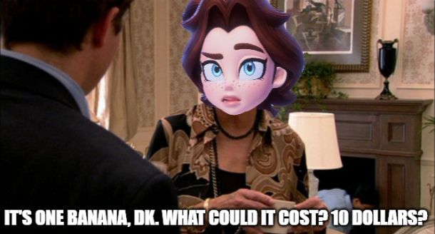 Skjermdump av klippet fra Arrested Development hvor Lucile Bluth spør "It's one banana, Michael. What could it cost?". Ansiktet til Pauline er limt inn over ansiktet til Lucile