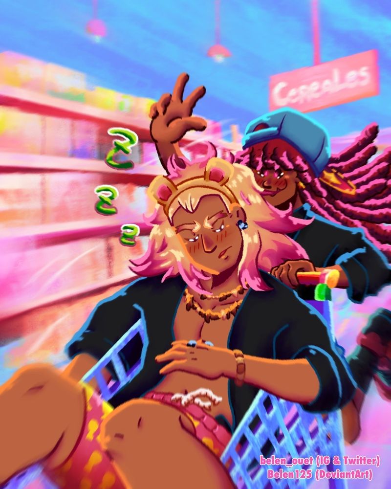 Pasillo de cereales con predominante presencia del rosa. Vemos a un personaje dormido dentro de un carrito de la compra mientras otro le empuja corriendo por el pasillo sujetando el carrito con una mano y alzando la otra con el símbolo de victoria. Detrás de los personajes vemos el cartel que indica que se encuentran en el pasillo de cereales.