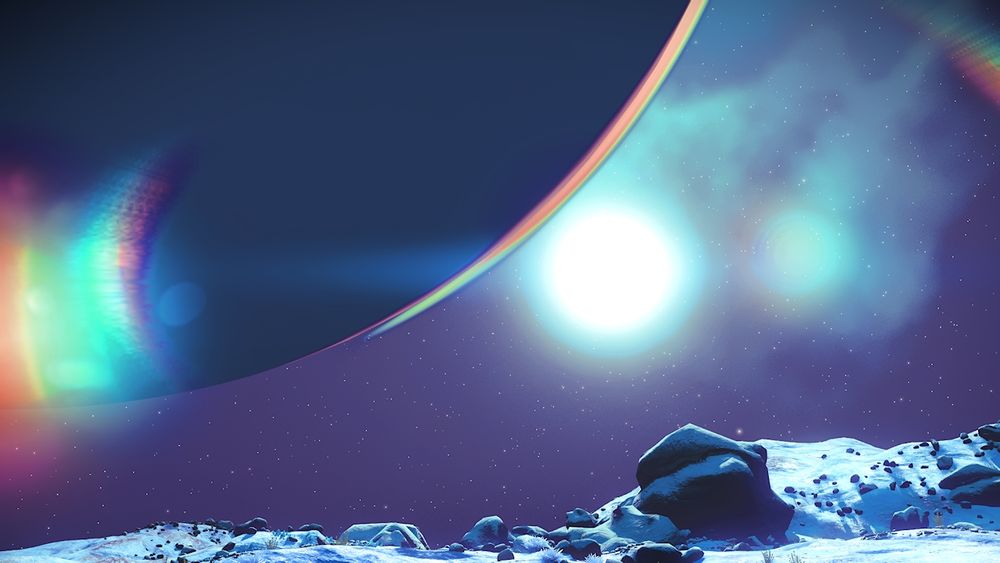 A star in the background against a darkened planet, the ground is snow covered and rocky