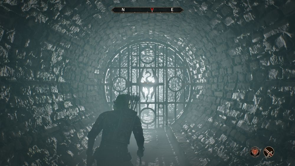 A dimly lit sewer entrance, the small amount of light coming through bouncing off the slick brickwork forming the walls, the gate is decorated with circles at the 12, 3, 6 & 9 o'clock positions and a stylised dragon in the centre

The silhouette of a female figure with a quiver of arrows on her back can be seen in the centre of the image