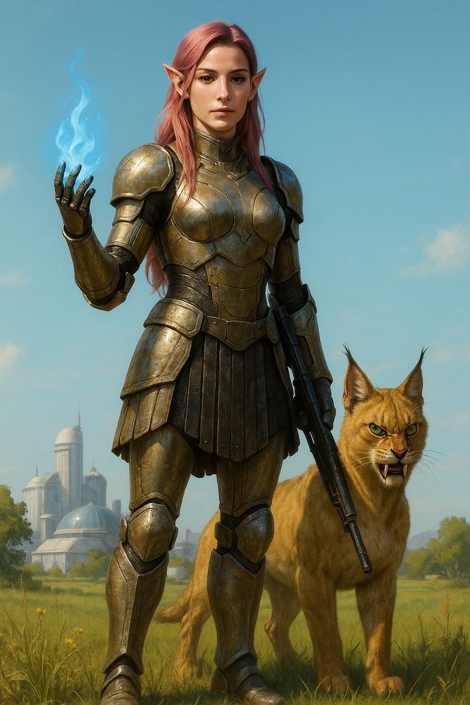 Space warrior woman holding a laser rifle and casting a spell while traveling with her golden feral space cat. A small sci-fi city is in the background as they wander the plains.