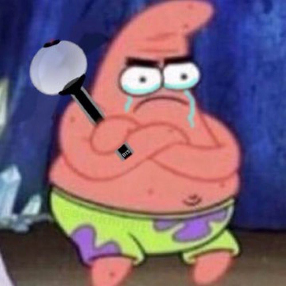 Patrick Star holding ARMY light stick with tears streaming down face and arms folded 