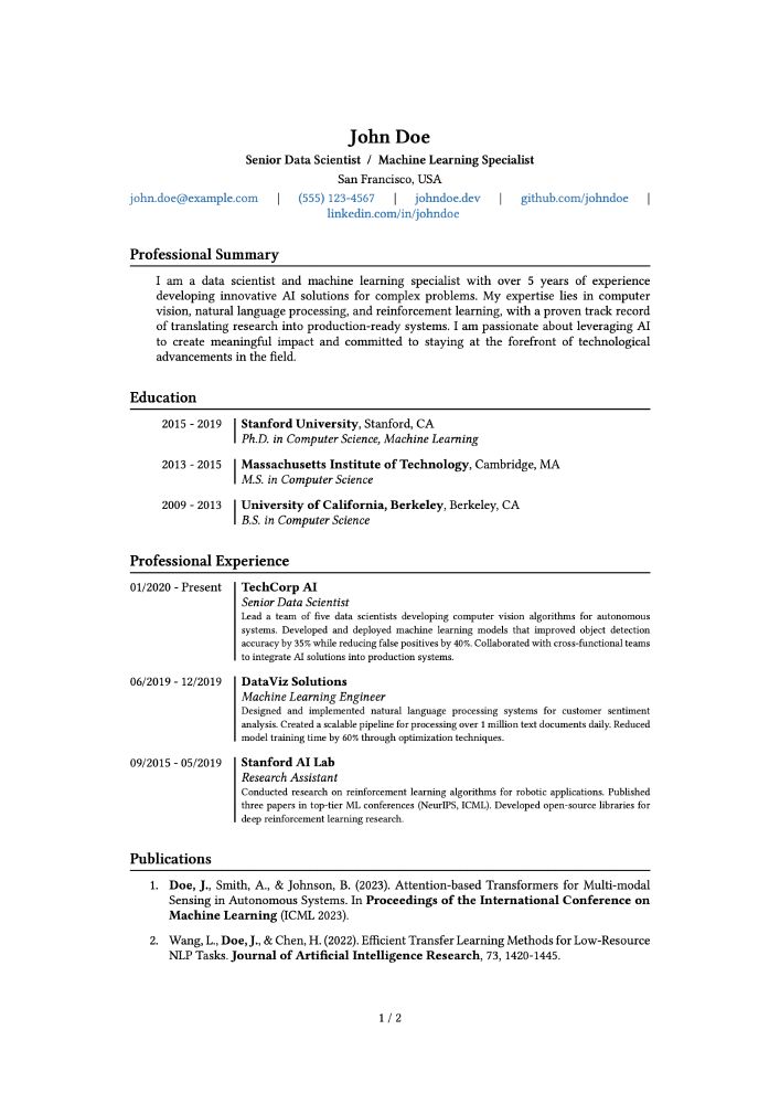 A fictional CV for a person named John Doe who is a data scientist. The CV is an example made with the *academicv* Typst template, showcasing some of the features of the template.