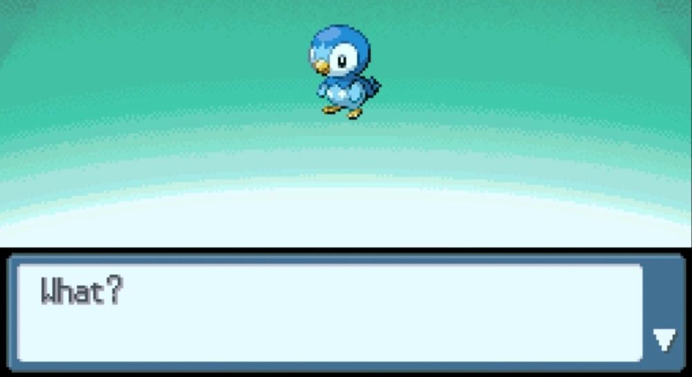 Screenshot of the Pokémon Piplup about to evolve, but the text box just says “What?”