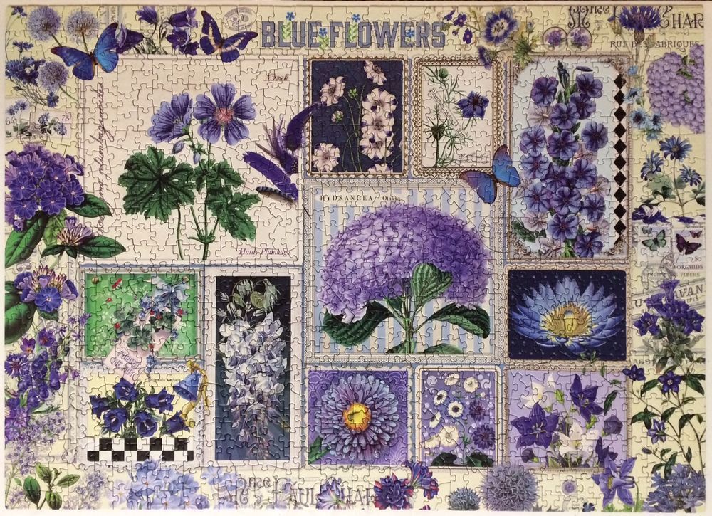 Brand: Cobble Hill Puzzle Company Title: Blue Flowers jigsaw puzzle By: Barbara Behr, Pieces: 1000 Size: 26.625" x 19.25" or 67.6 x 48.9cm.