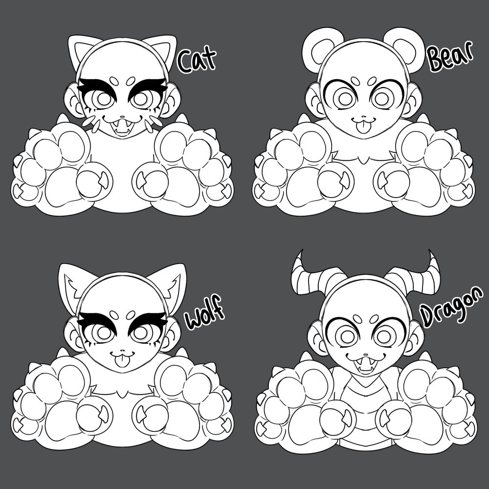 Four different sketch examples of costumes including a cat, bear, wolf, and dragon. Also depicts two each different eye ideas and mouth ideas