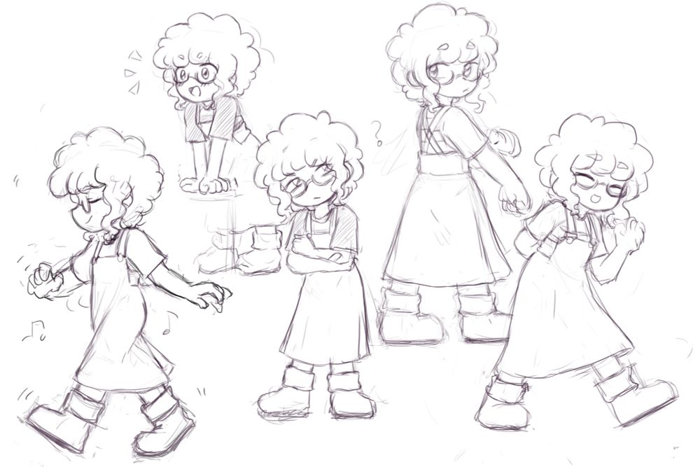 5 full body pencil sketches of a character with curly bob hair, pinafore skirt and boots.