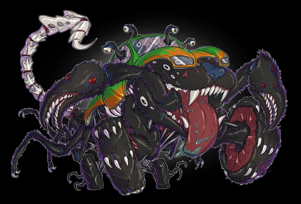 A monster truck shell sitting on a monster that looks like a cross between a giant, shaggy black dog and a mutated scorpion. Pistons and other chassis parts criss-cross its open organ undercarriage. Its front wheels have turned into wheels of clawed paws. Its back end has a bunch of furry scorpion feet, as well as a 'scorpion' tail made from vertebrae and a coccyx.

Inside the car, under a cracking windshield, is a giant mass of compacted brain matter, out of which a number of furry black eyestalks emerge, some breaking through the glass.

No dialogue, as he cannot speak in this form. However, he is more or less lucid and benevolent, not that anyone would guess.

Can fully retract the claws into his mouth, despite not appearing able to fit. Euclidean space never seems to matter to these larger Cursed.

A monster truck driver named Conrad who was on a road-trip doing some shows, with his best bud, a criminally friendly black lab named Darrin.

The scorpion... was just something he found on the side of the road during an emergency pit-stop. He had it in a jar on his dashboard, and was taking it home for his son.

It was originally a released pet.